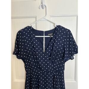 Express Y2K Flutter Sleeve Navy White Polka Dot Mini Dress Women's 4 V Neck Wrap